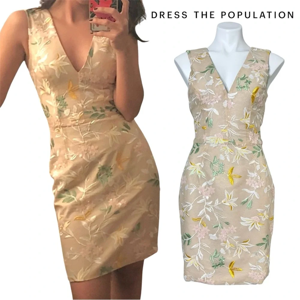 Dress the Population Embroidered Floral Sequin Sheath Mini Dress V-Neck Size M - Picture 16 of 16